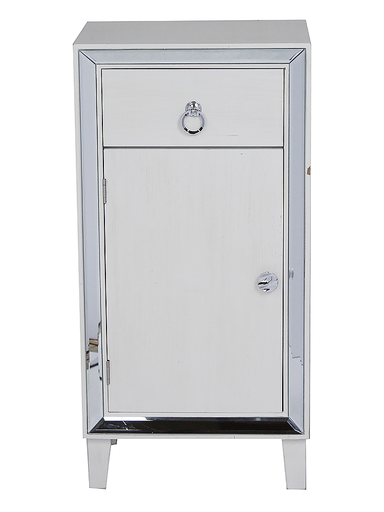 23" X 20.5" X 41.5" Antique White MDF Wood Mirrored Glass Accent Cabinet with a Drawer and a Mirrored Door