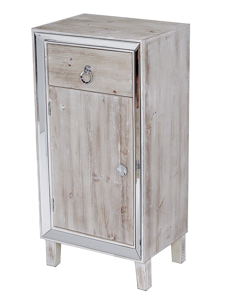 23" X 20.5" X 41.5" White Washed MDF Wood Mirrored Glass Accent Cabinet with a Drawer and a Mirrored Door
