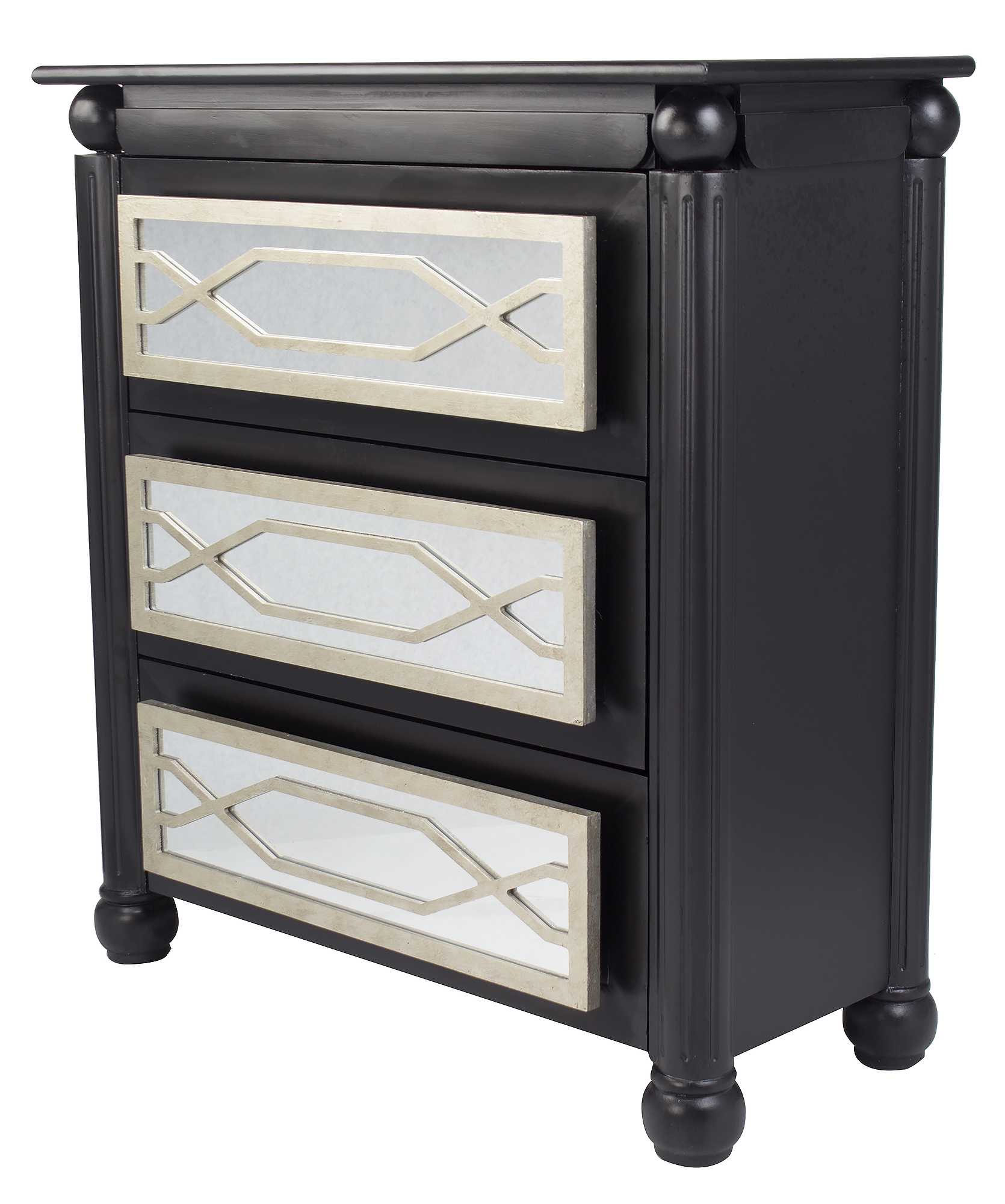35" X 17" X 37" Black W Silver MDF Wood Mirrored Glass Accent Cabinet with drawers and Mirrored Glass