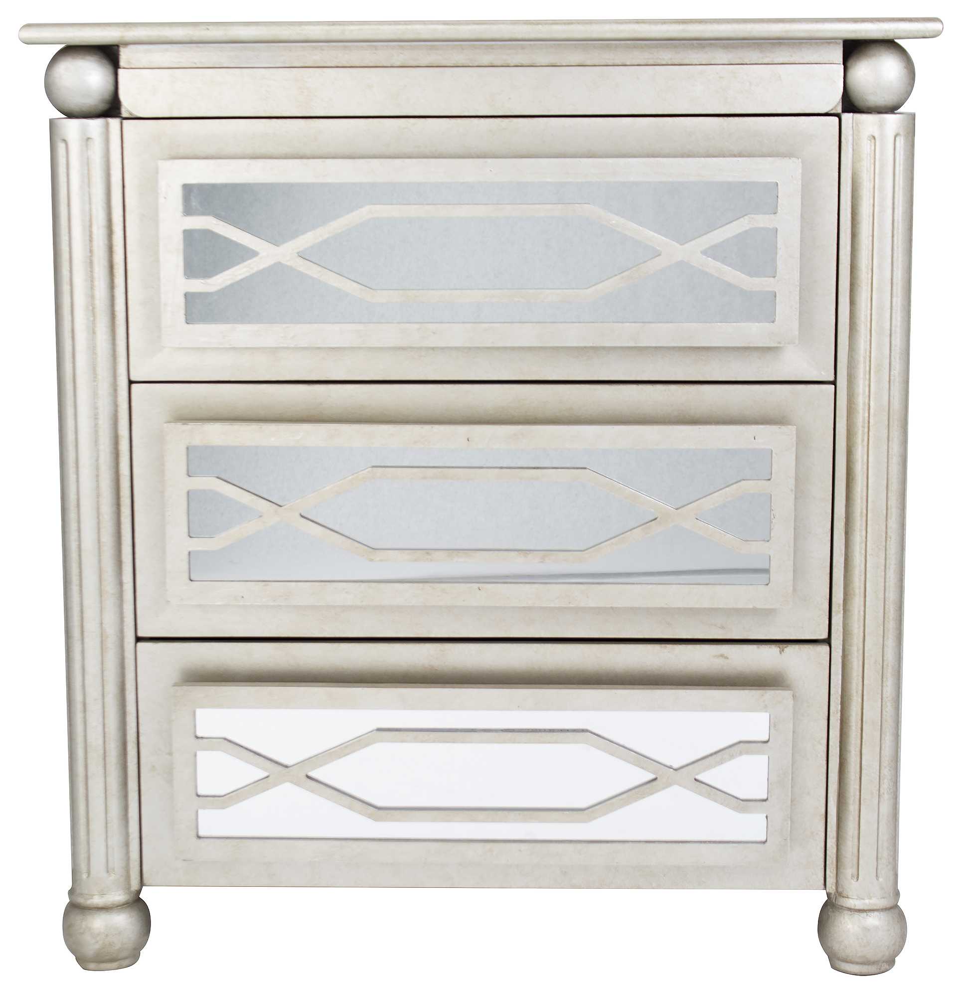 35" X 17" X 37" Antique Silver W Gold MDF Wood Mirrored Glass Accent Cabinet with drawers and Mirrored Glass