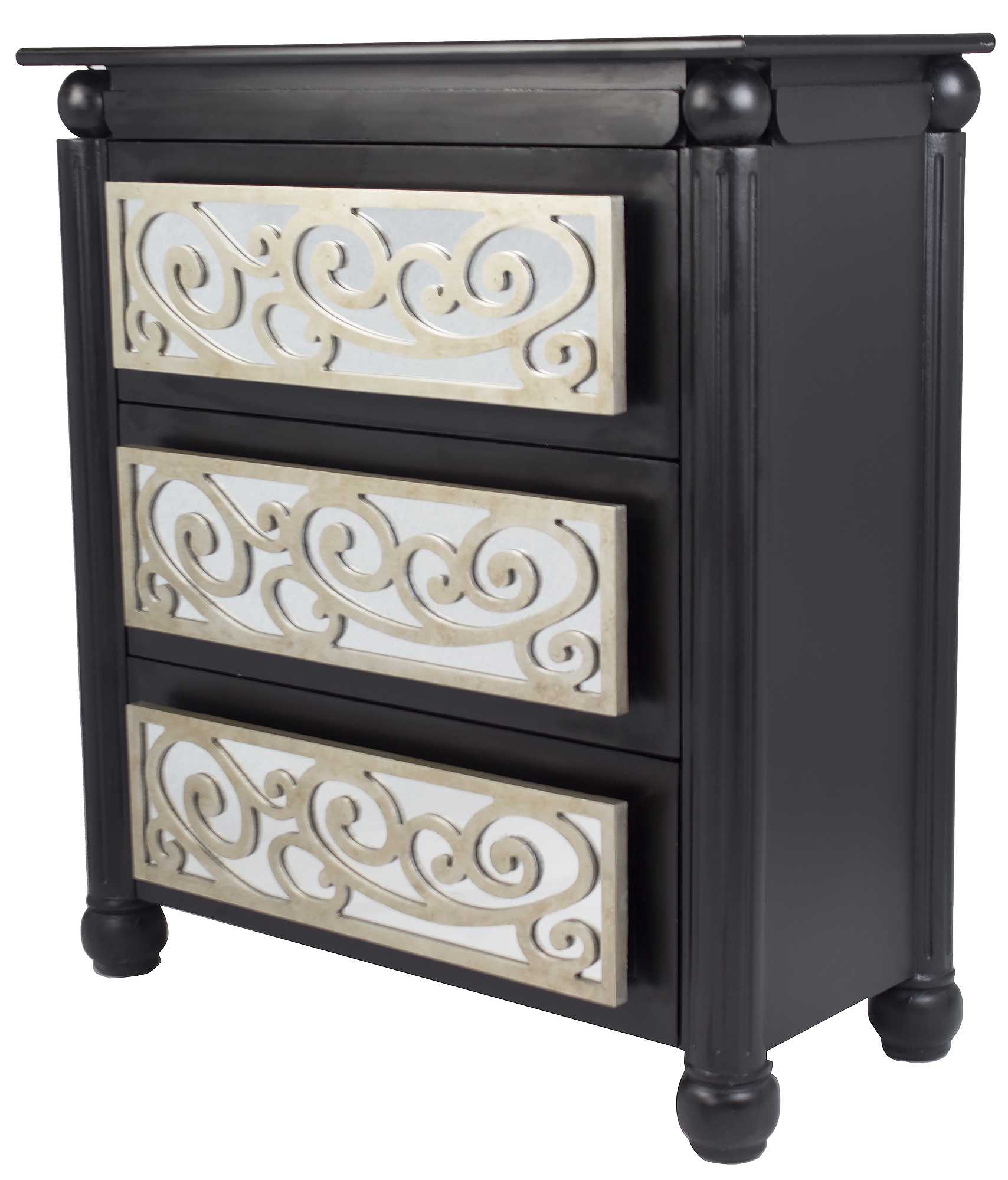 35" X 17" X 37" Black W Silver MDF Wood Mirrored Glass Accent Cabinet with drawers and Mirrored Glass
