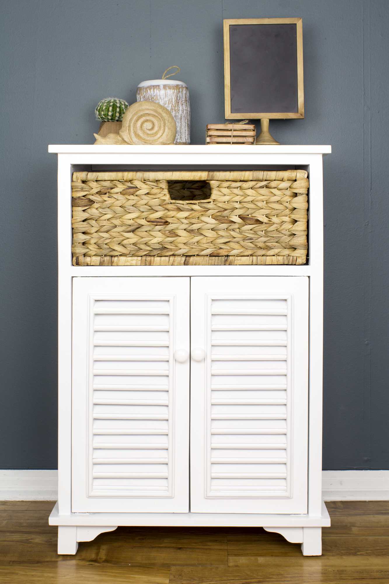 21.75" X 13.75" X 32" White Wood MDF Water Hyacinth Water Hyacinth BasketDoor Accent Cabinet