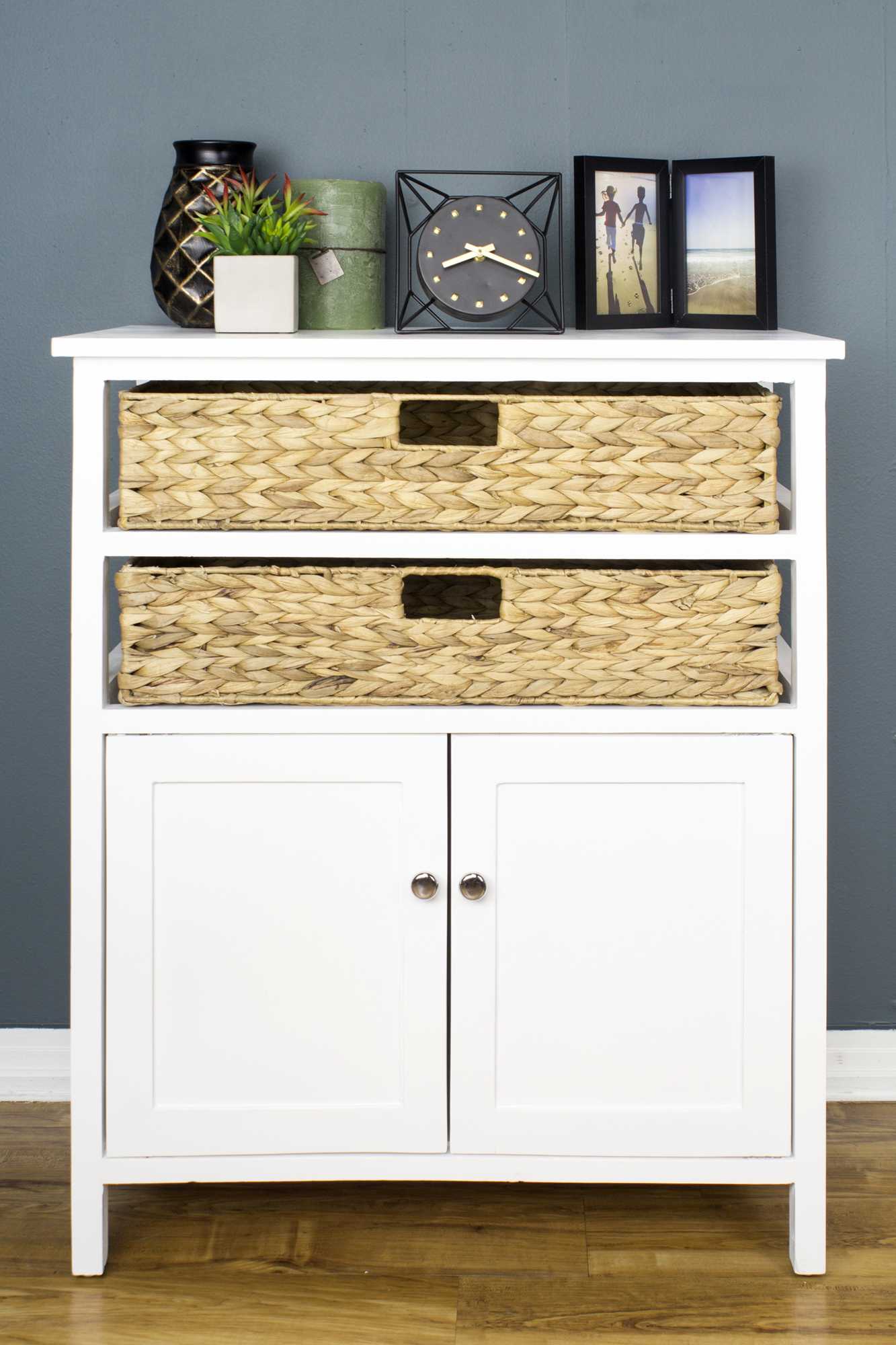 26.5" X 15" X 31.5" White Wood MDF Water Hyacinth Water Hyacinth Basket a Door Accent Cabinet