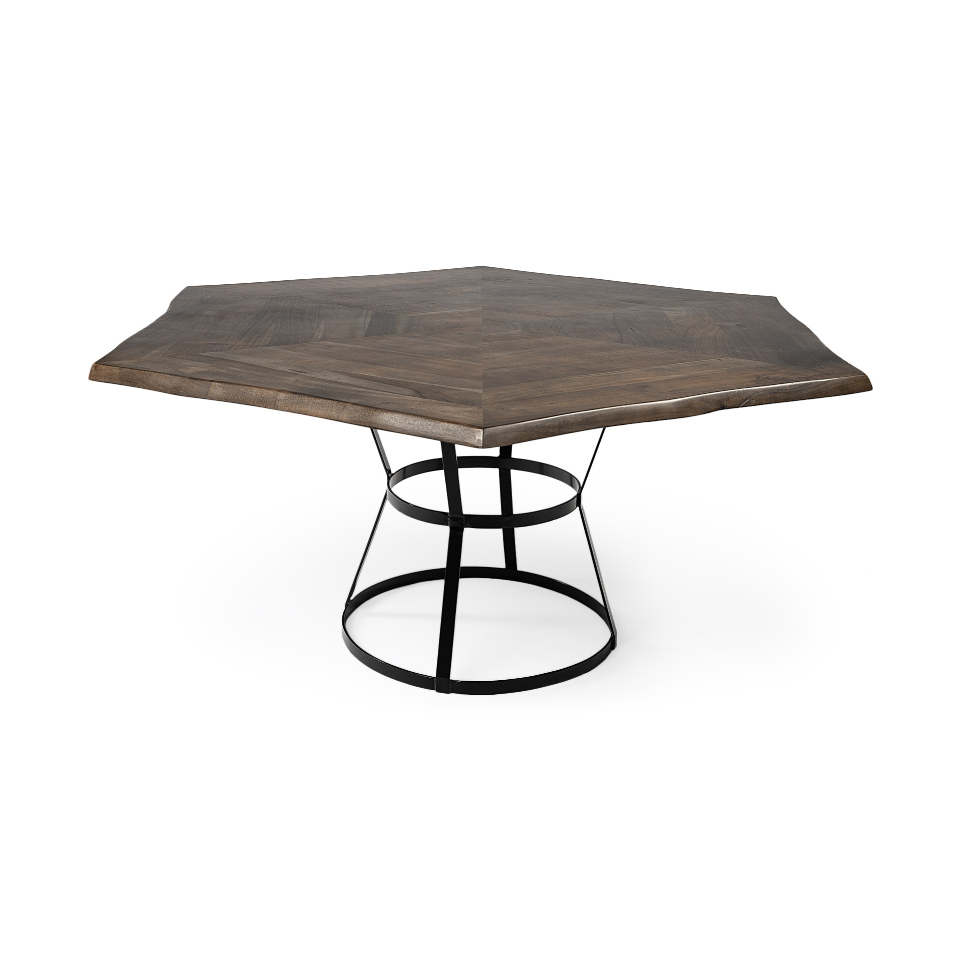 68" hexagon Brown Solid Wood Top with Black Metal Base Dining Table