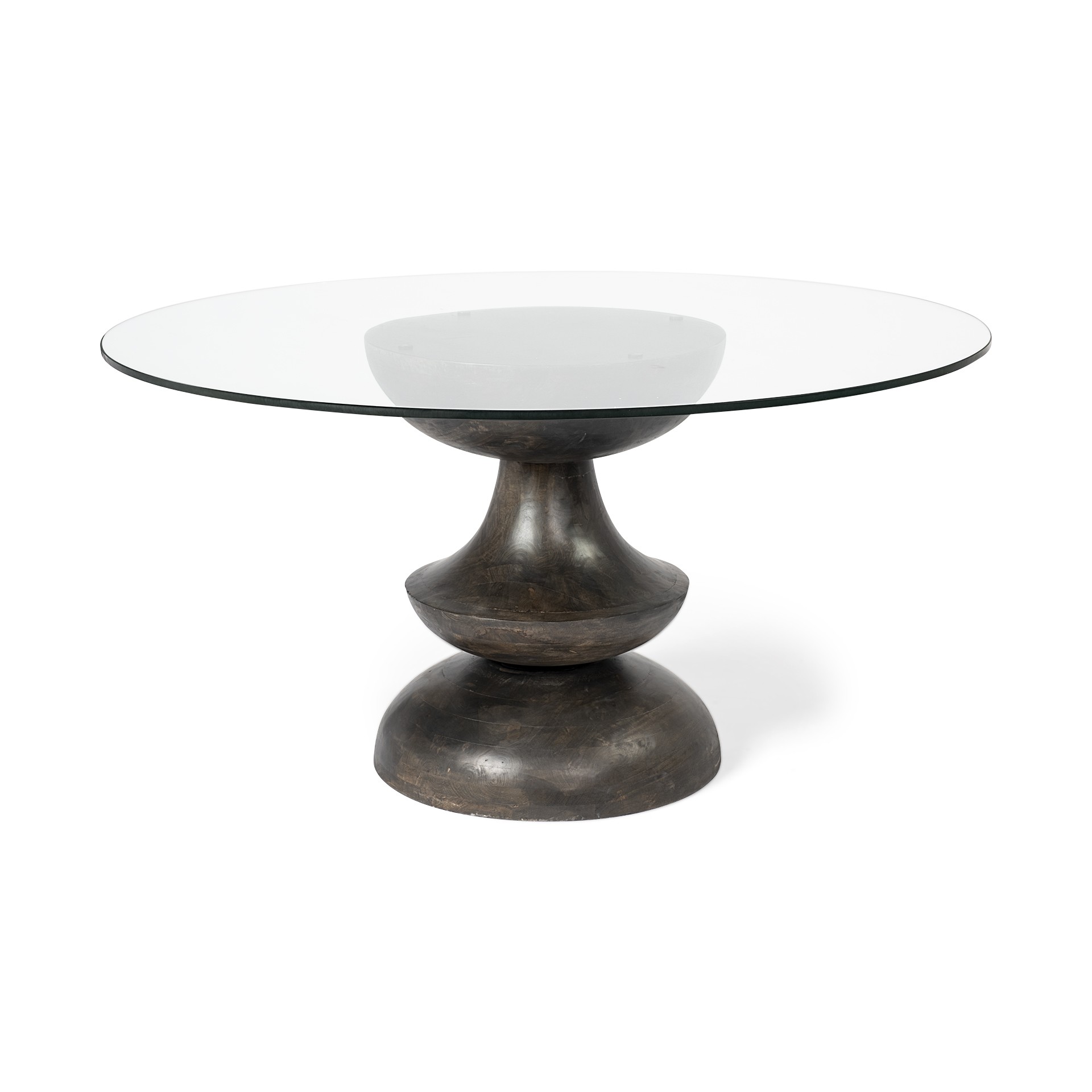 60" Round Glass Top Brown Wood with Pedestal Base Dining Table