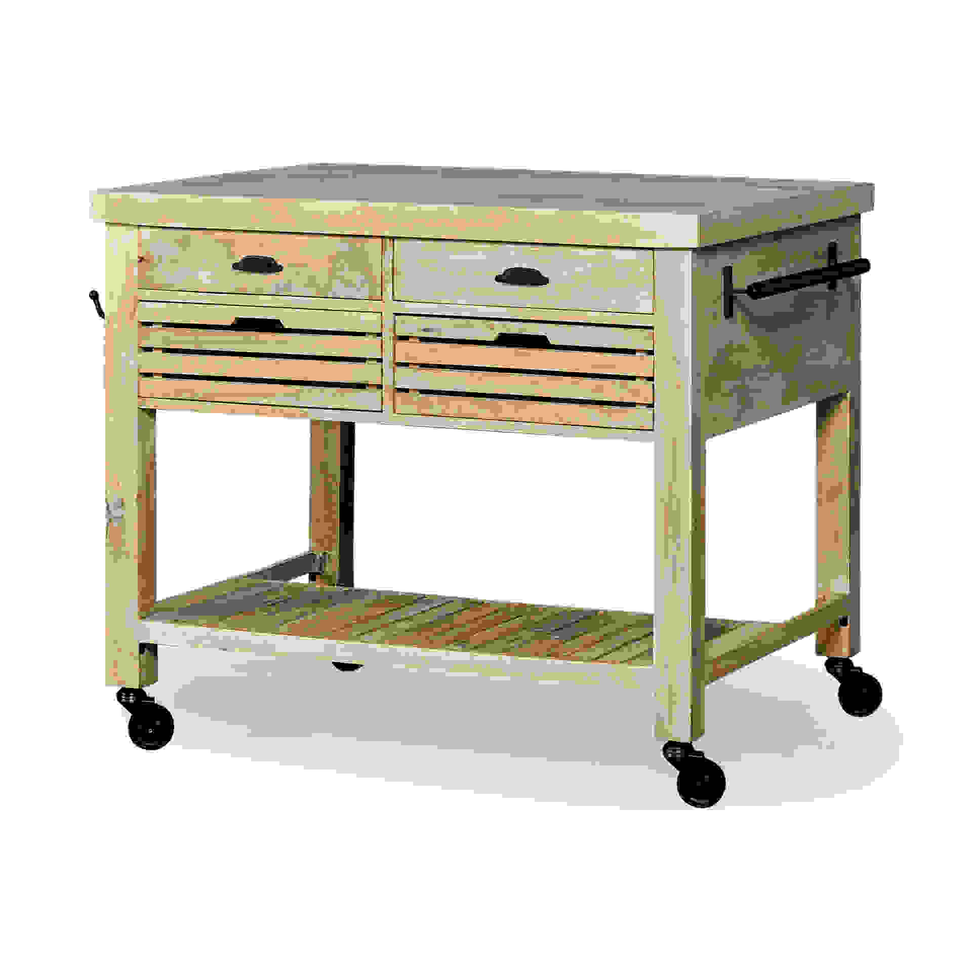 Light Brown Base Kitchen Island with Black Iron Knobs Rolling