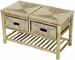 Brown Bamboo Frame Two Drawer Bench With a Shelf