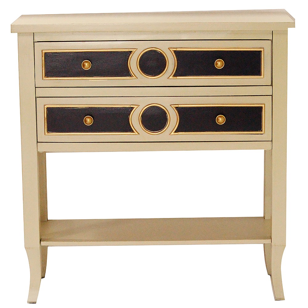 32" X 13" X 33" Antique White W Black And Gold MDF Wood Console Table with a Shelf and Drawers