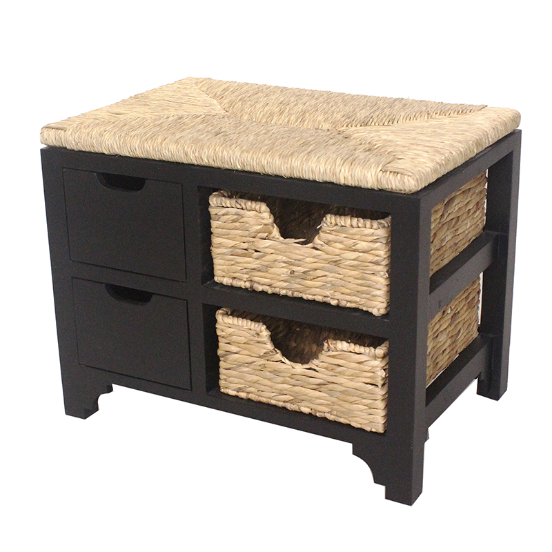 25" X 17" X 20" Black W Natural Sea Grass Wood MDF Water Hyacinth Bench with Drawers Hyacinth Baskets and a Seagrass Top