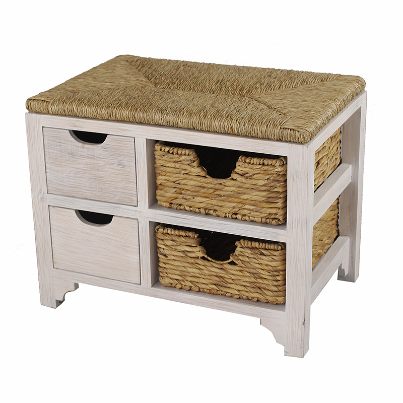 25" X 17" X 20" White Wash W Natural Seagrass Wood MDF Water Hyacinth Bench with Drawers Hyacinth Baskets and a Seagrass