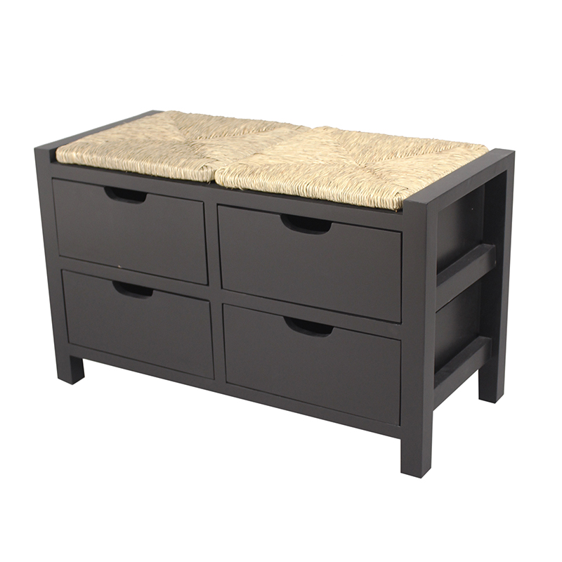 32" X 15" X 20" Black W Natural Sea Grass Wood MDF Seagrass Bench with Drawers and a Seagrass Top