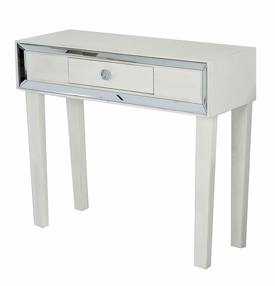 35.5" X 13" X 31" Antique White MDF Wood Mirrored Glass Console Table with a Drawer and Framed with Mirror Accents