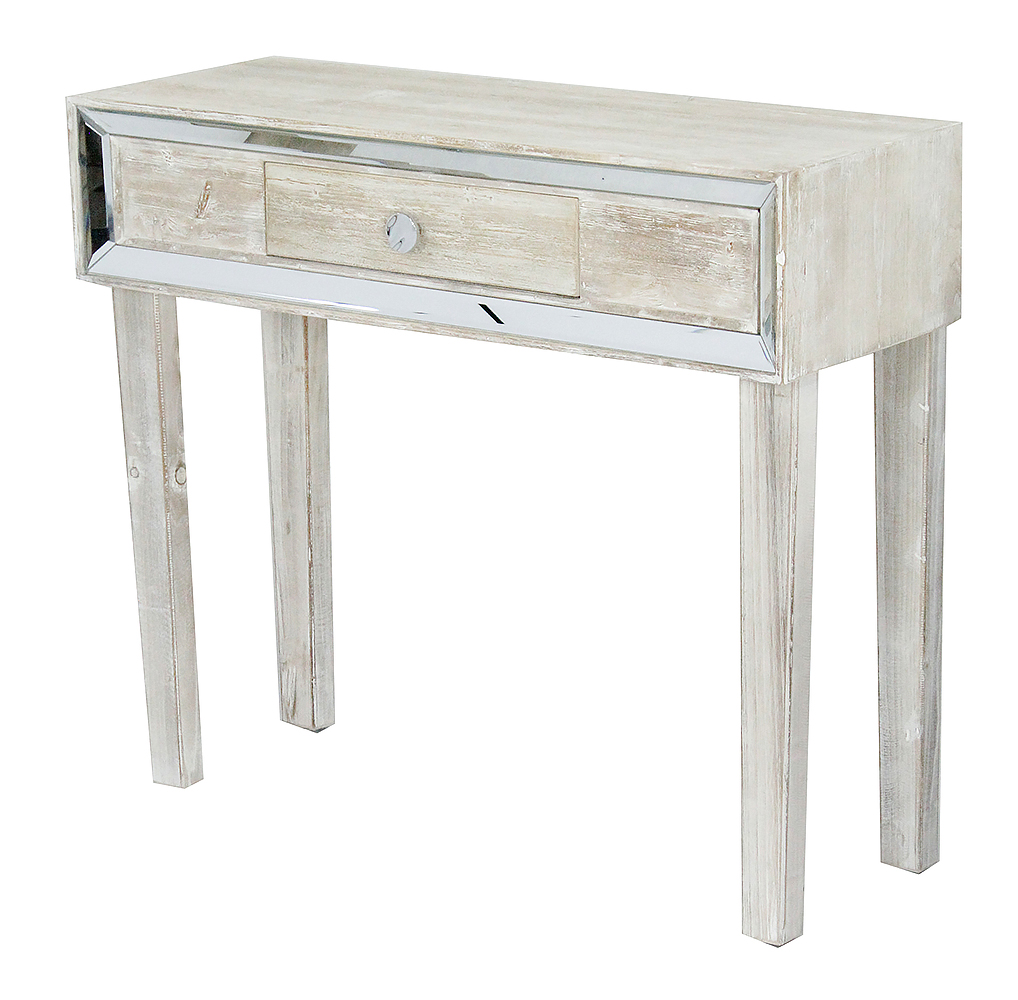 35.5" X 13" X 31" White Washed MDF Wood Mirrored Glass Console Table with a Drawer and Framed with Mirror Accents