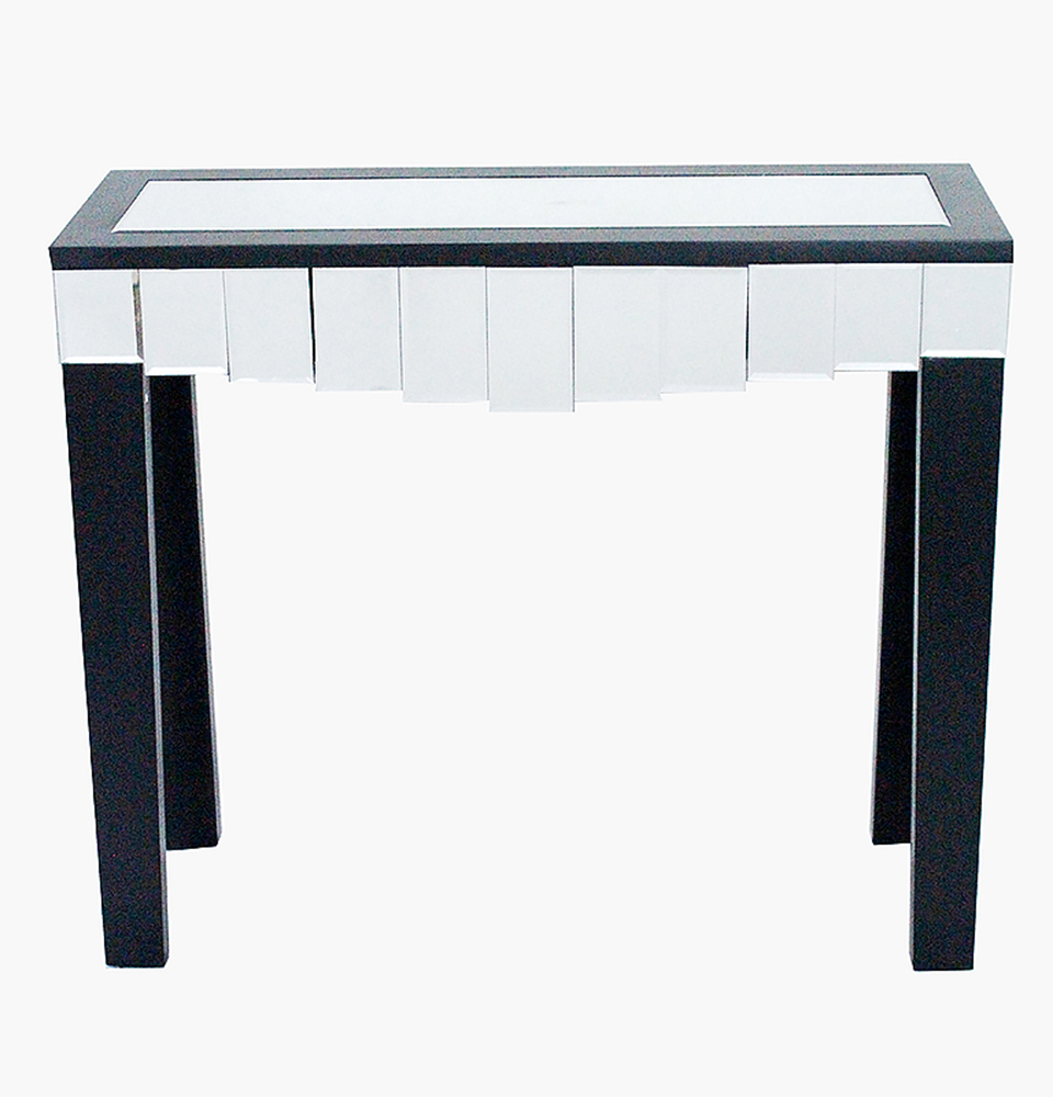 35.5" X 13" X 31" Black MDF Wood Mirrored Glass Console Table with Mirrored Glass Inserts and a Drawer