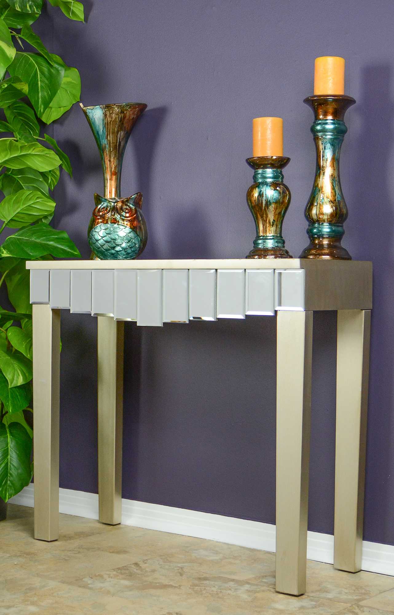 35.5" X 13" X 31" Champagne MDF Wood Mirrored Glass Console Table with Mirrored Glass Inserts and a Drawer
