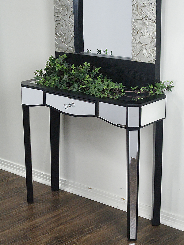 35.5" X 13" X 31" Black MDF Wood Mirrored Glass Console Table with a Mirrored Glass Top and a Drawer