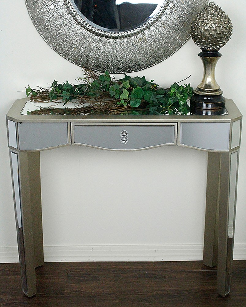 35.5" X 13" X 31" Champagne MDF Wood Mirrored Glass Console Table with a Mirrored Glass Top and a Drawer