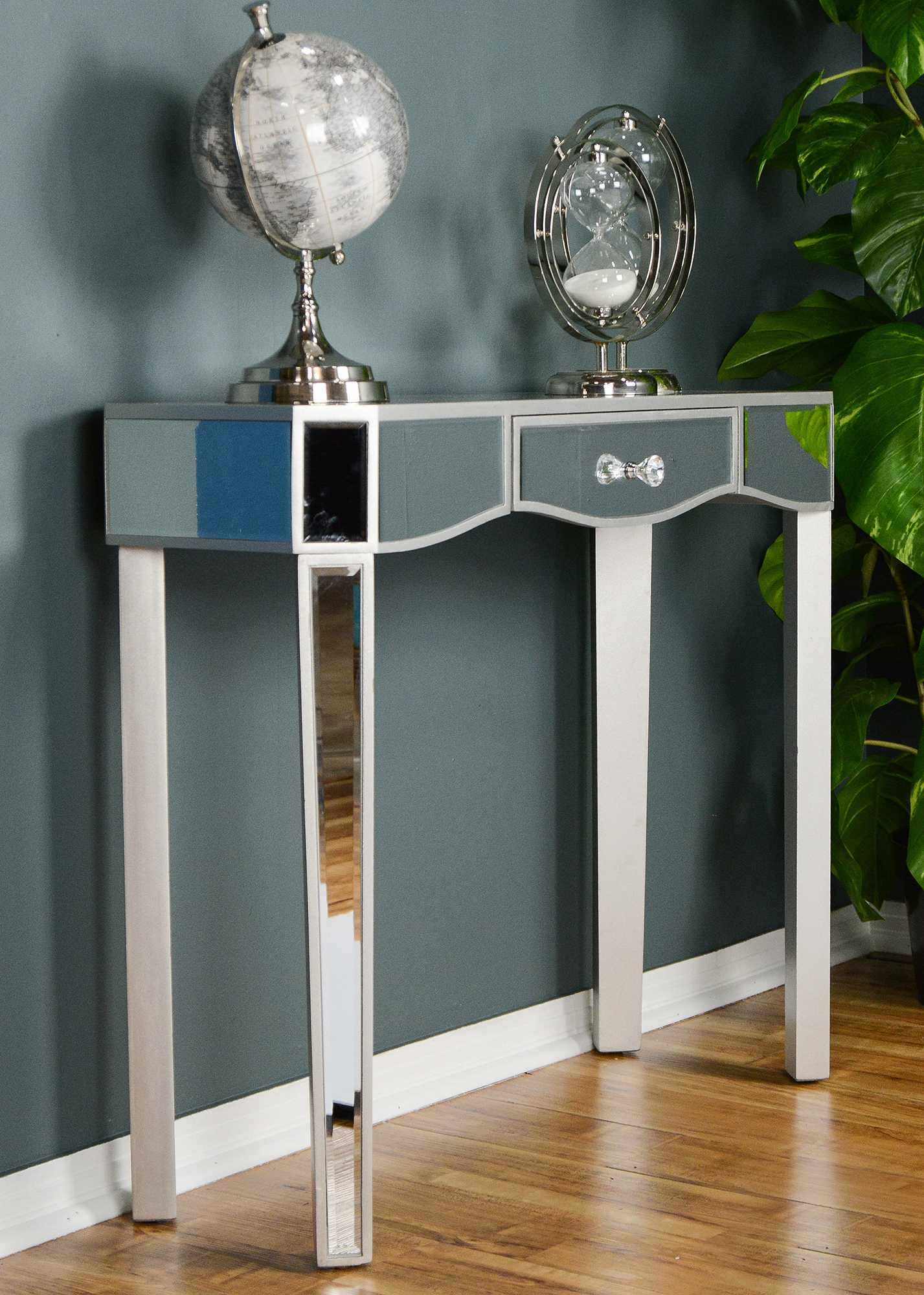 35.5" X 13" X 31" Silver MDF Wood Mirrored Glass Console Table with a Mirrored Glass Top and a Drawer