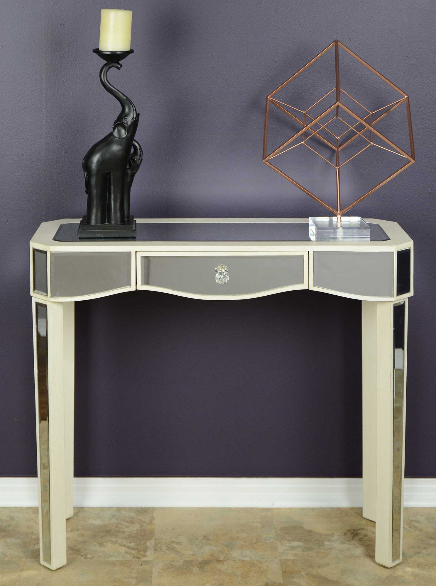 35.5" X 13" X 31" Antique White MDF Wood Mirrored Glass Console Table with a Mirrored Glass Top and a Drawer