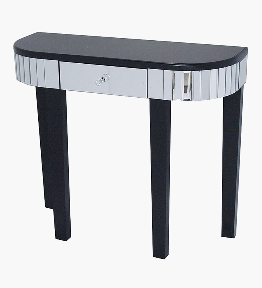 35.5" X 13" X 31" Black MDF Wood Mirrored Glass Console Table with a Mirrored Glass Top and a Drawer