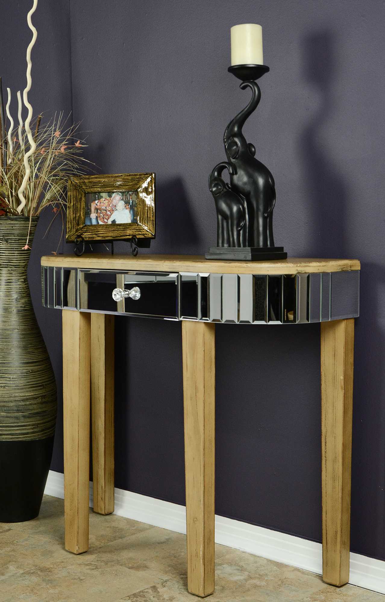 35.5" X 13" X 31" Distressed Brown MDF Wood Mirrored Glass Console Table with a Mirrored Glass Top and a Drawer