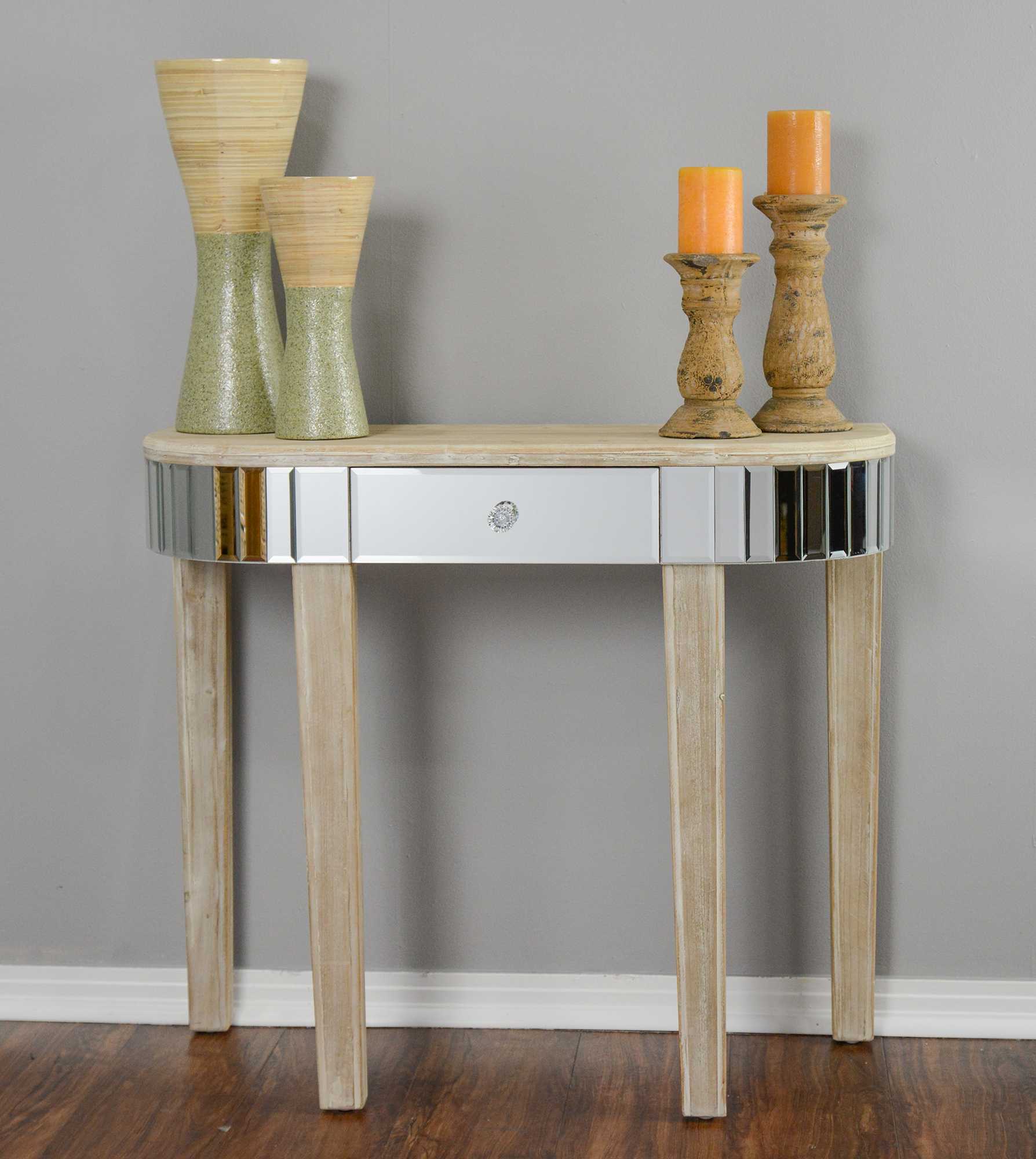 35.5" X 13" X 31" White Washed MDF Wood Mirrored Glass Console Table with a Mirrored Glass Top and a Drawer