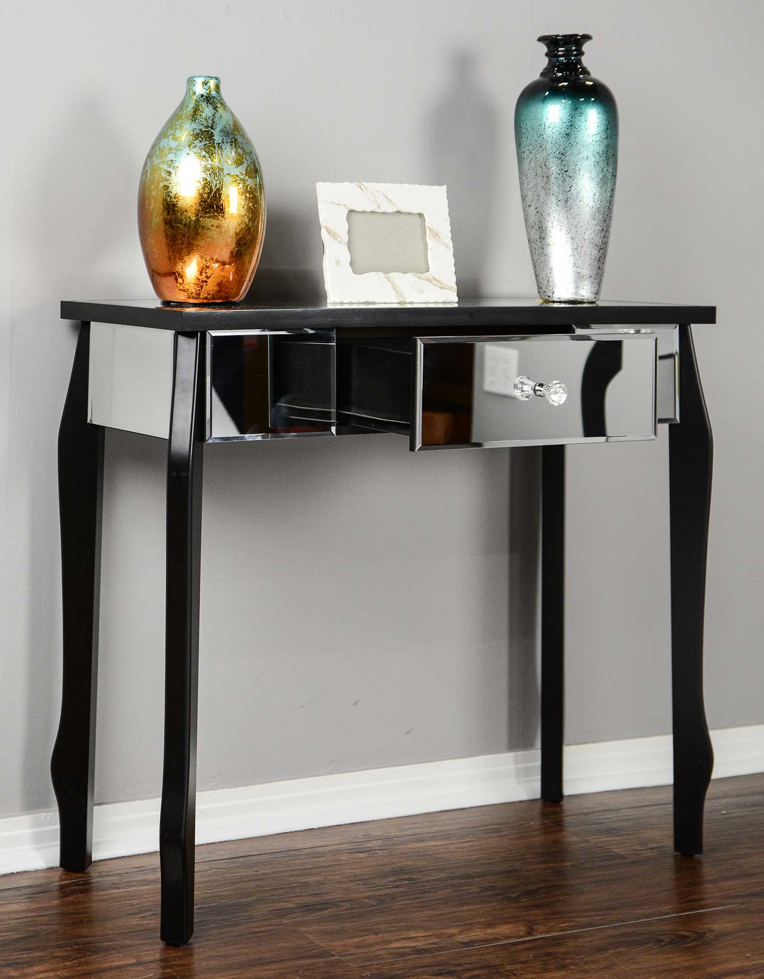 35.5" X 13" X 31" Black MDF Wood Mirrored Glass Console Table with Mirrored Glass Inserts and a Drawer