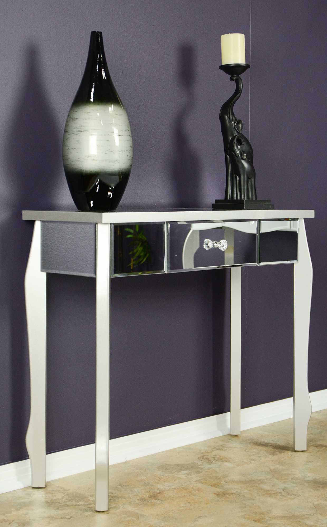 35.5" X 13" X 31" Silver MDF Wood Mirrored Glass Console Table with Mirrored Glass Inserts and a Drawer