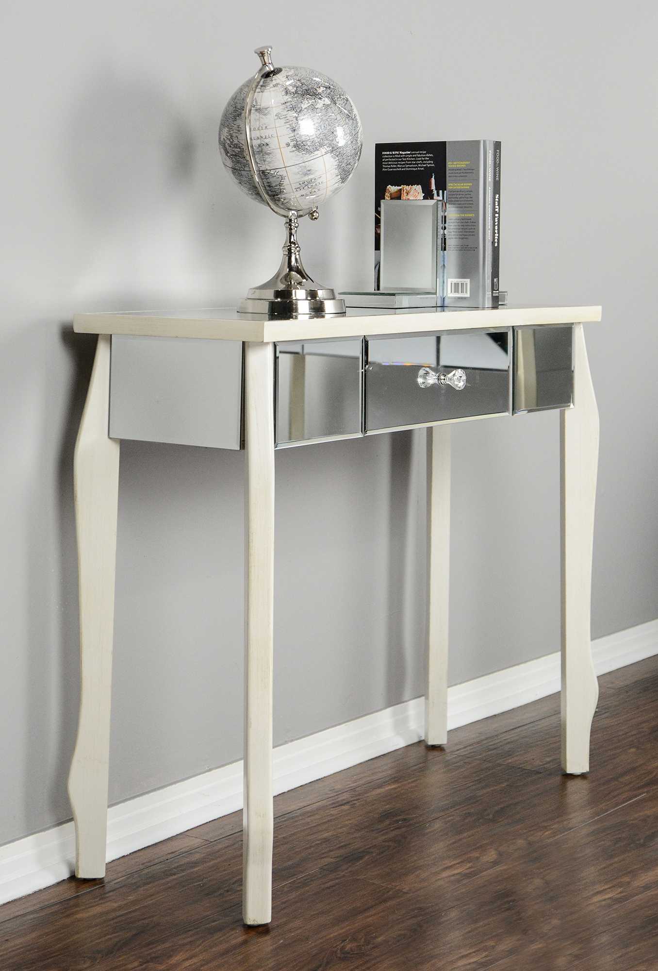 35.5" X 13" X 31" Antique White MDF Wood Mirrored Glass Console Table with Mirrored Glass Inserts and a Drawer