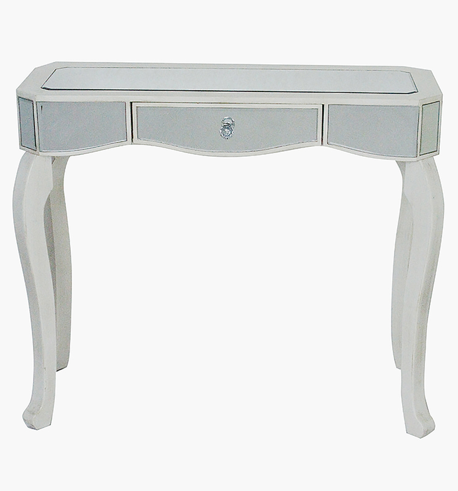 35.5" X 13" X 31" Antique White MDF Wood Mirrored Glass Console Table with Mirrored Glass Inserts and a Drawer