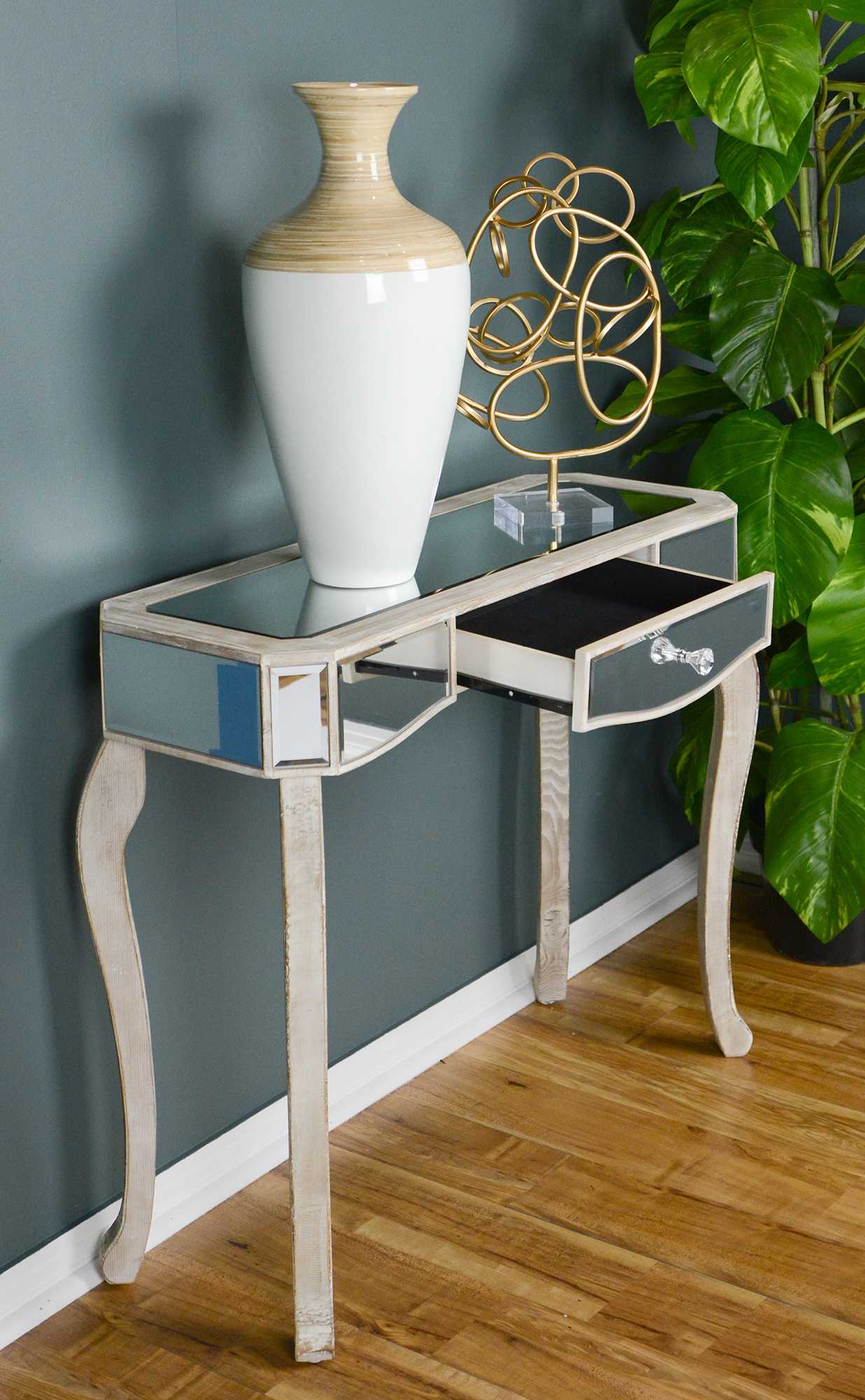 35.5" X 13" X 31" White Washed MDF Wood Mirrored Glass Console Table with Mirrored Glass Inserts and a Drawer