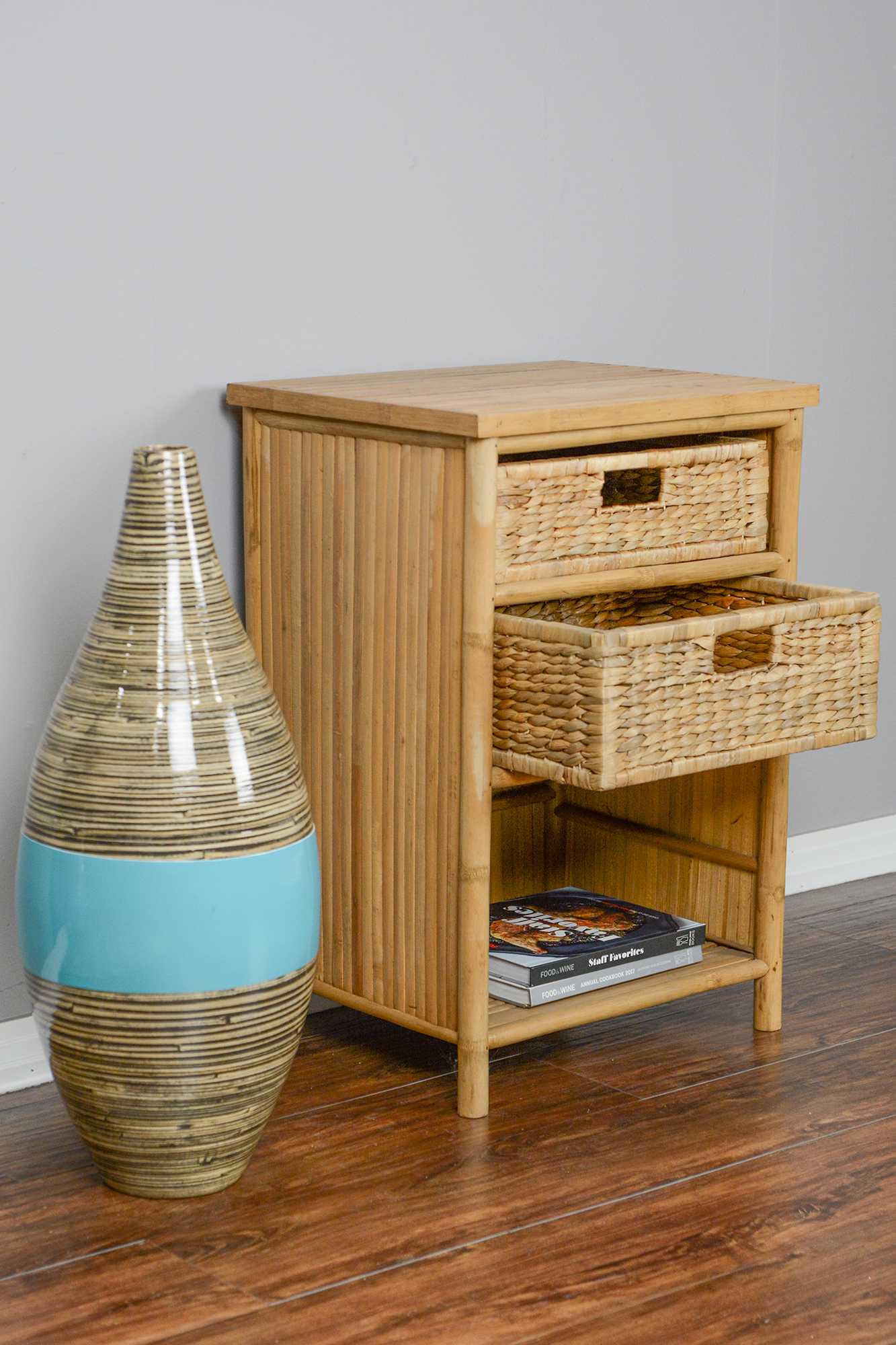 19" X 15.75" X 23.75" Natural Bamboo End Table with Baskets and a Shelf