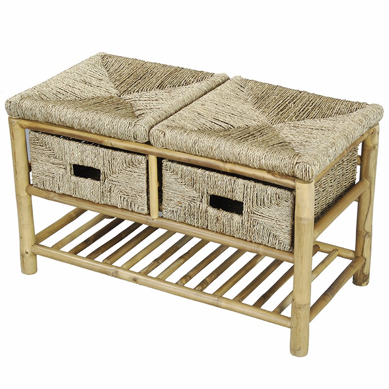 30.25" X 14" X 18" Natural Bamboo Storage Bench with a Shelf and Baskets