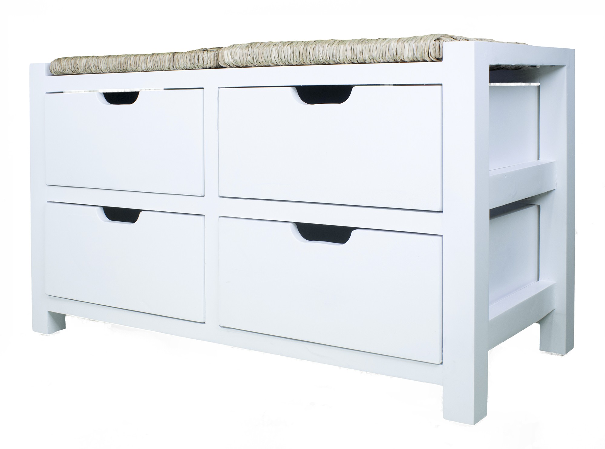 32" X 15" X 21" White W Natural Sea Grass Wood MDF Seagrass Bench with Drawers and a Seagrass Top