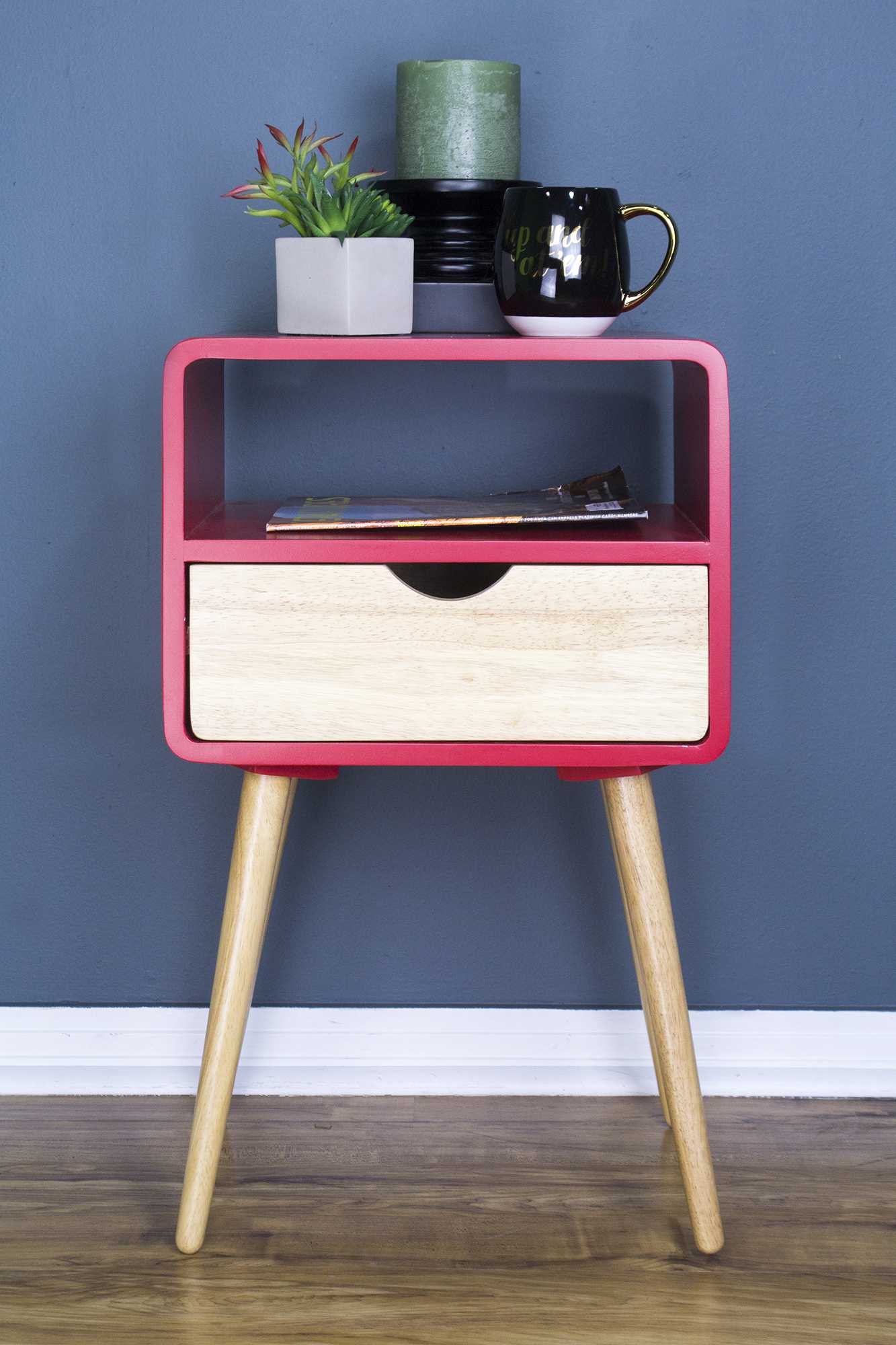 16" X 12" X 26" Red MDF Wood End Table with Drawer and Shelf