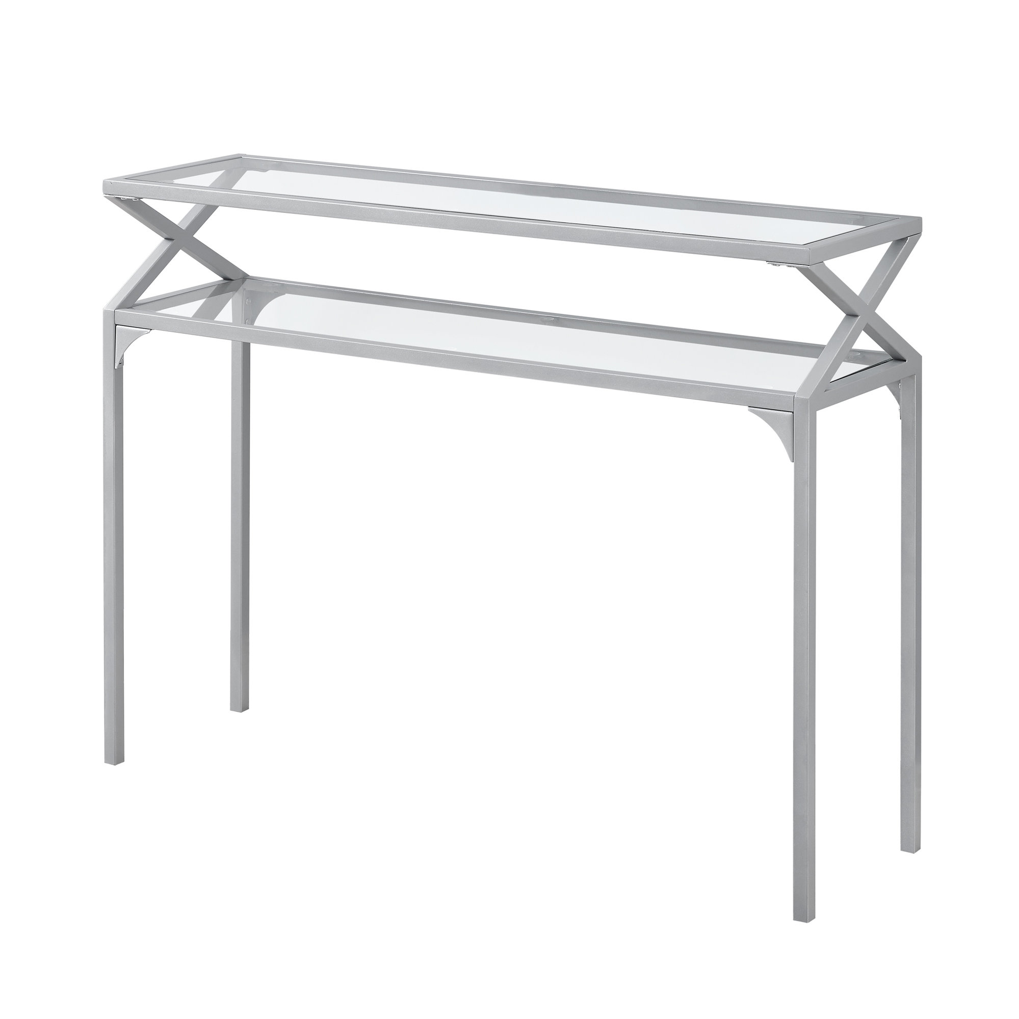 12" x 42" x 32" Silver Metal and Clear Tempered Glass Accent Table
