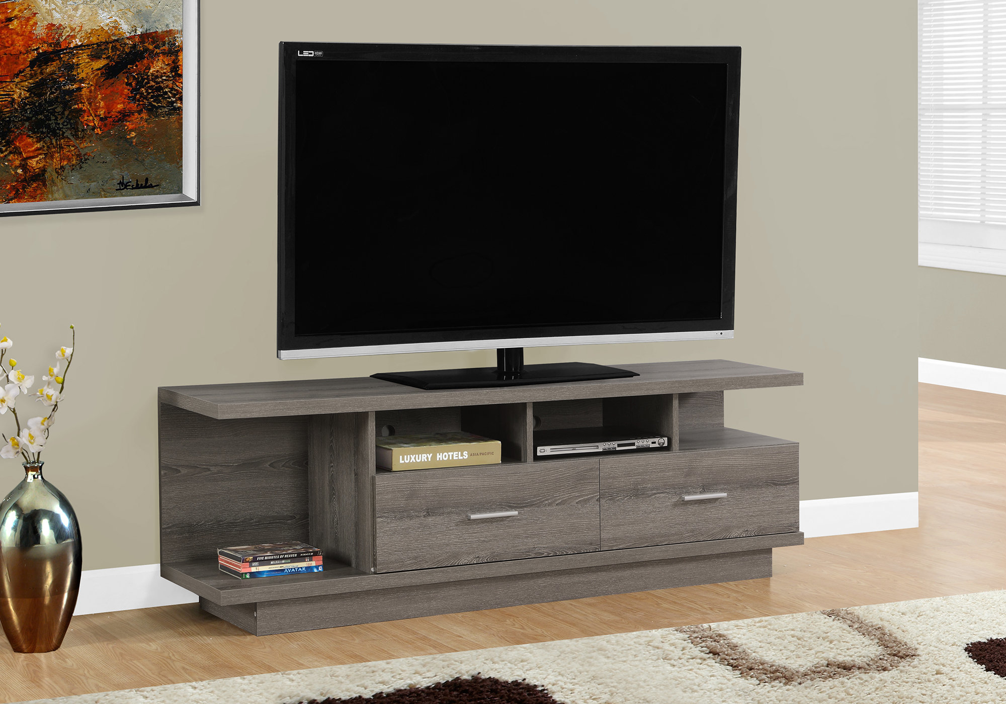 19.75" Dark Taupe Particle Board Hollow Core and MDF TV Stand with 2 Drawers