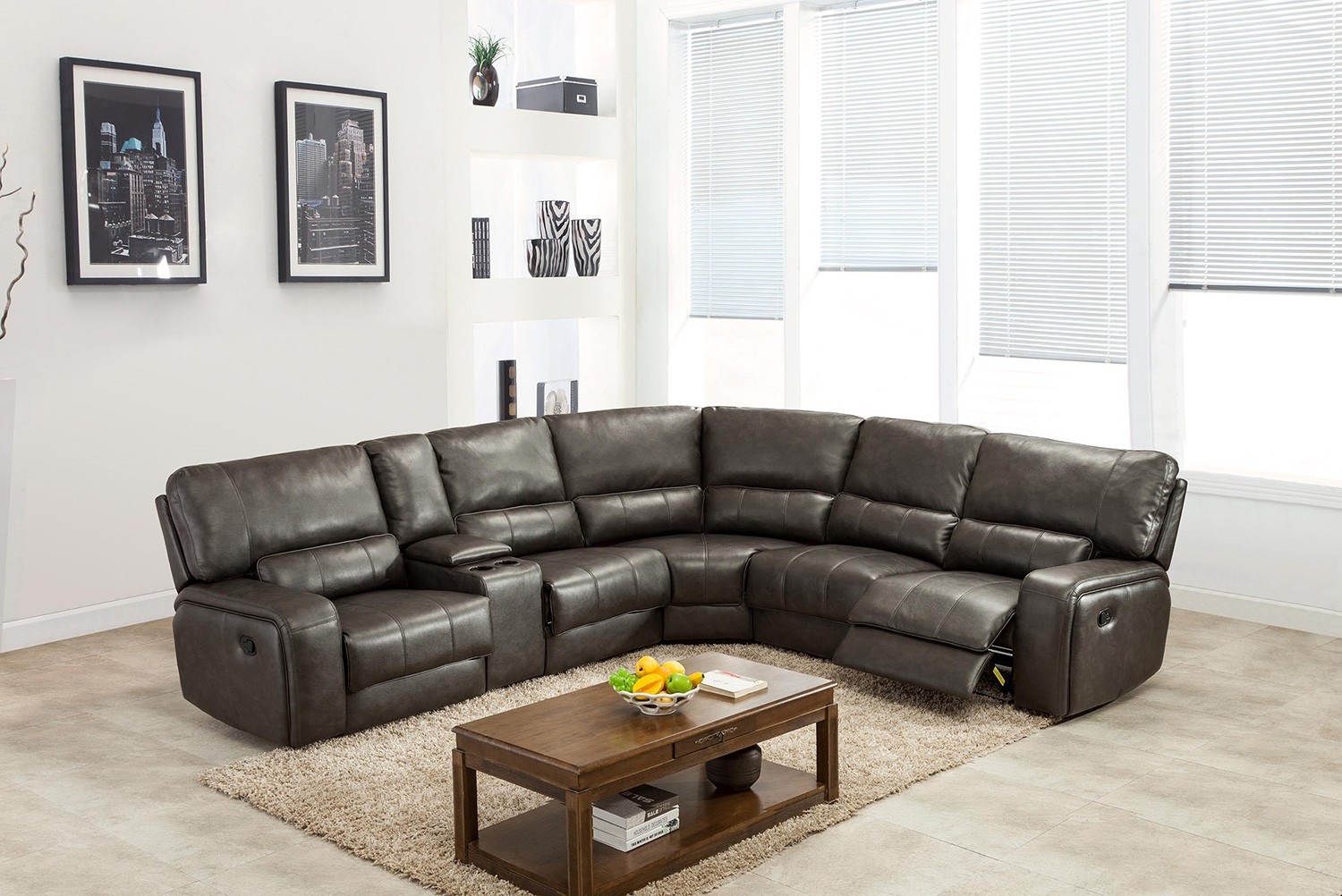 246'' X 40'' X 41'' Modern Gray Leather Sectional With Power Recliners