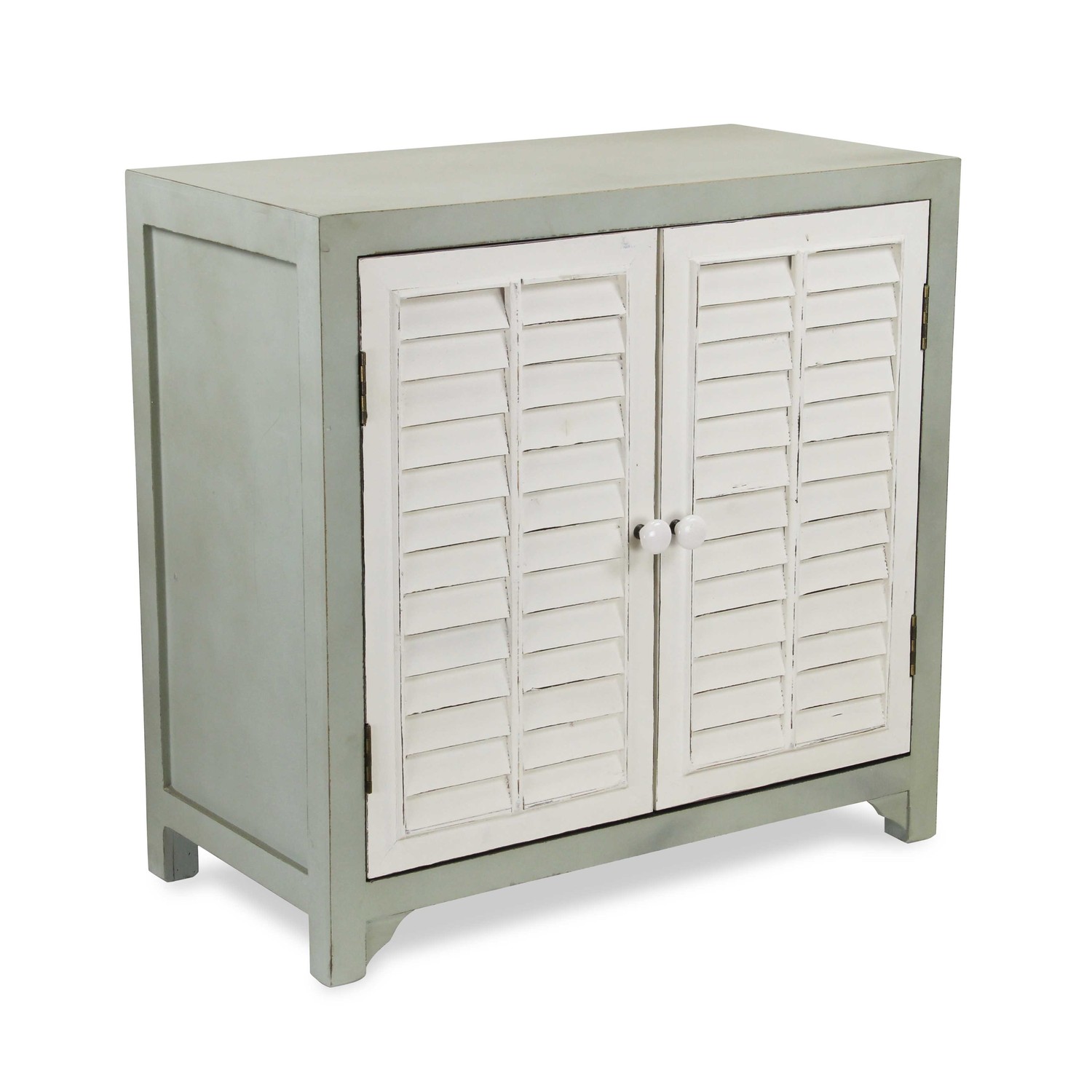 27" Coastal Blue Wooden with 2 off white shutter style doors Cabinet