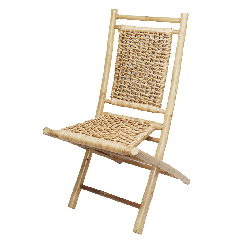 20" X 15" X 36" Natural Bamboo Folding Chairs with an Open Link Hyacinth Weave