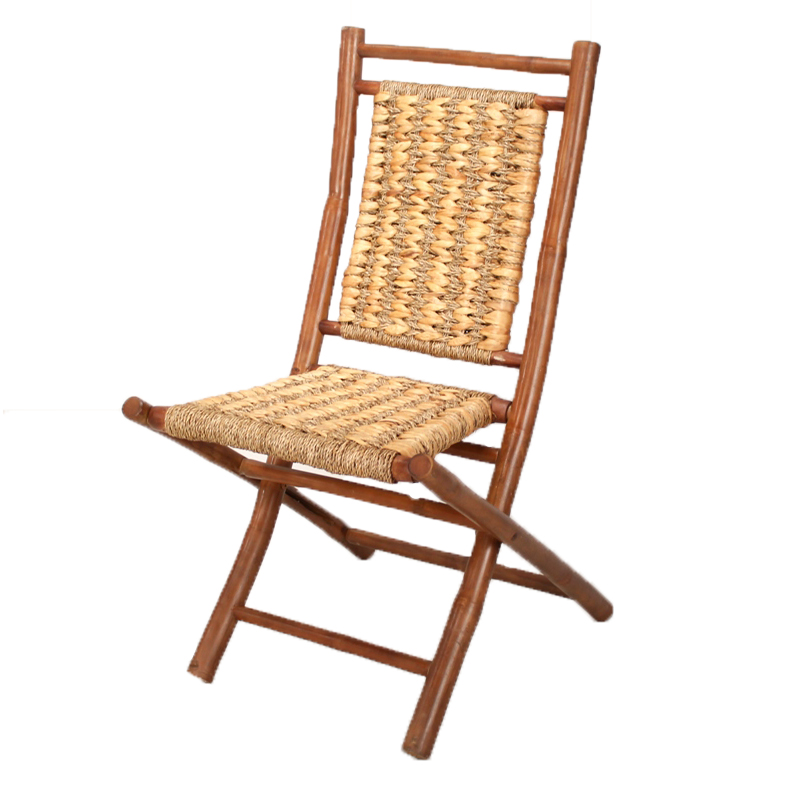 20" X 15" X 36" Brown Natural Bamboo Folding Chairs with an Open Link Hyacinth Weave