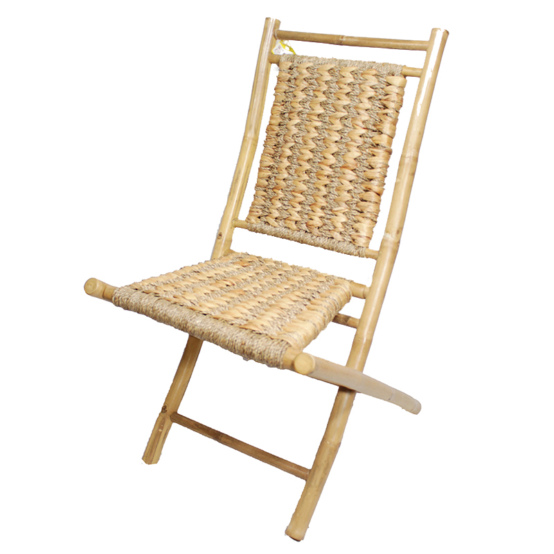 20" X 15" X 36" Natural Bamboo Folding Chairs with an Open Link Hyacinth Weave