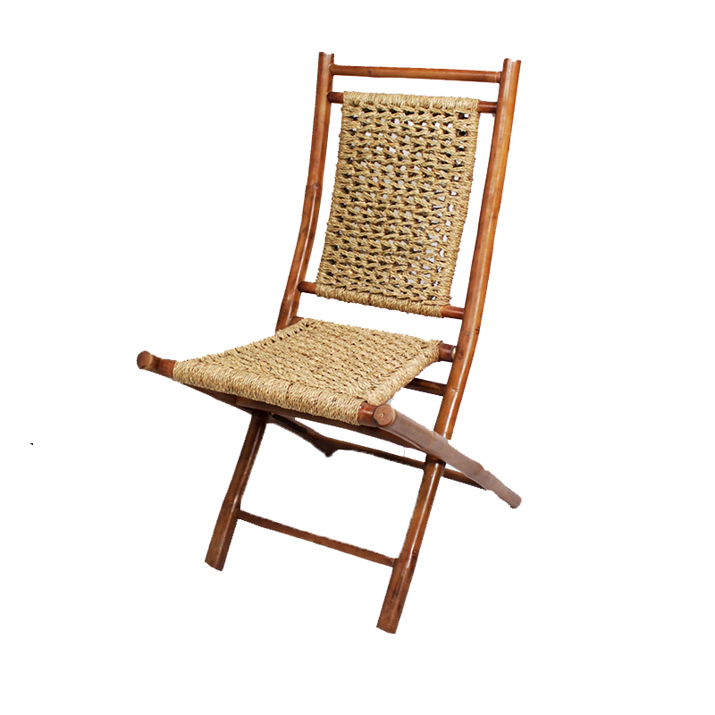Set of 2 Brown Bamboo Folding Dining Chairs with Seagrass Link Weave