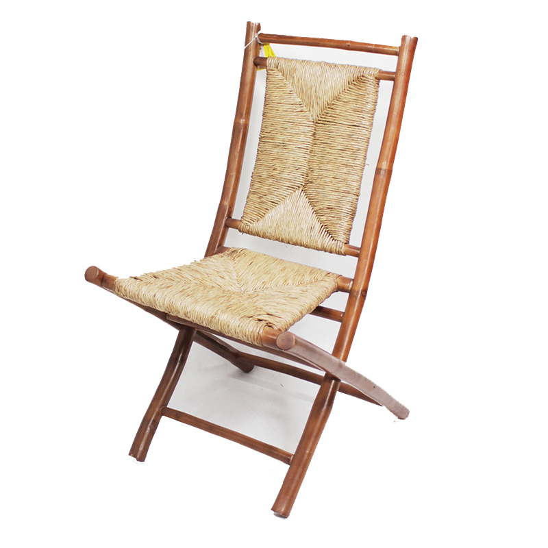 Set of 2 Brown and Natural Bamboo Folding Dining Chairs with Seagrass Triangle Weave