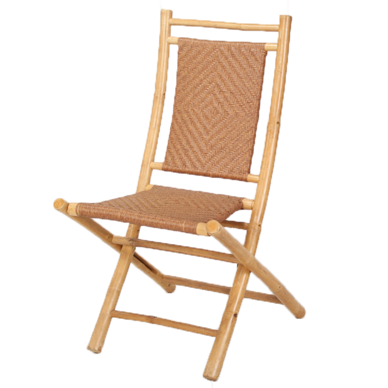 Set of 2 Natural Bamboo Folding Dining Chairs with Polyrattan Diamond Weave