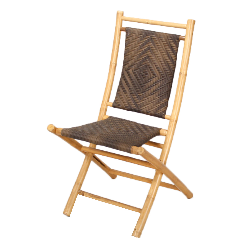 Set of 2 Brown Bamboo Folding Dining Chairs with Polyrattan Diamond Weave