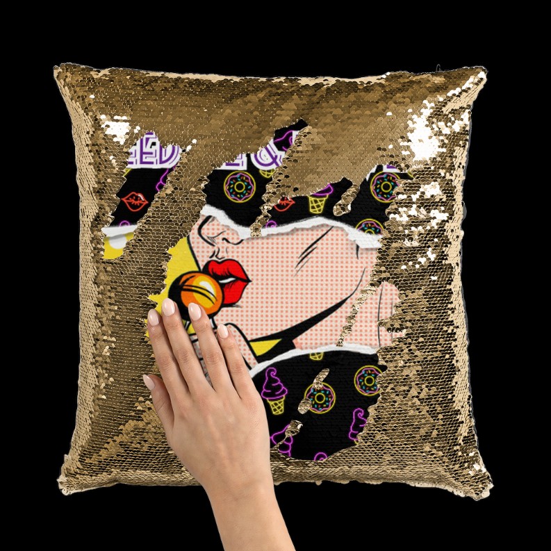 Feed Me Love Me Sequin Cushion Cover    Gold / White Gold / White