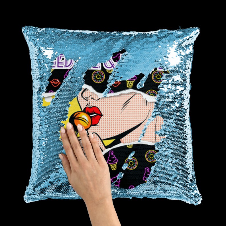 Feed Me Love Me Sequin Cushion Cover    Light Blue / White with insert Light Blue / White with insert