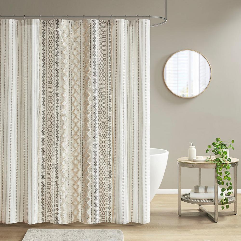 100% Cotton Printed Shower Curtain with Chenille, Ivory