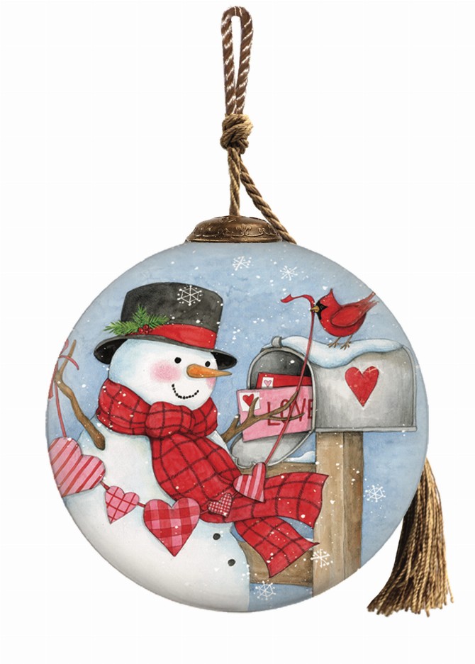 Always In My Heart Snowman Hand Painted Glass Ornament